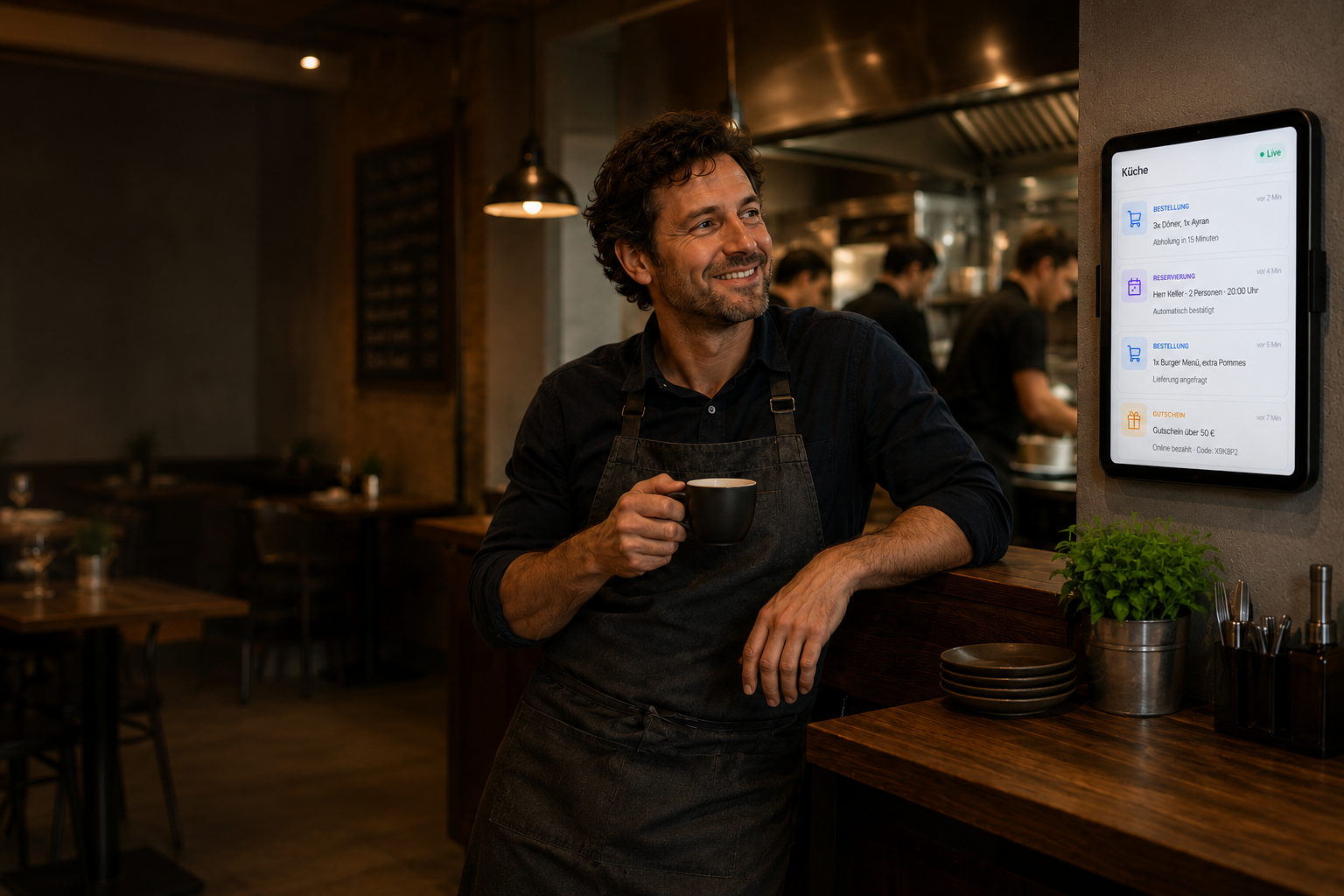 Gastronom mit Kaffeetasse in der Küche, im Hintergrund läuft die Botwerk-Live-Ansicht auf einem Tablet