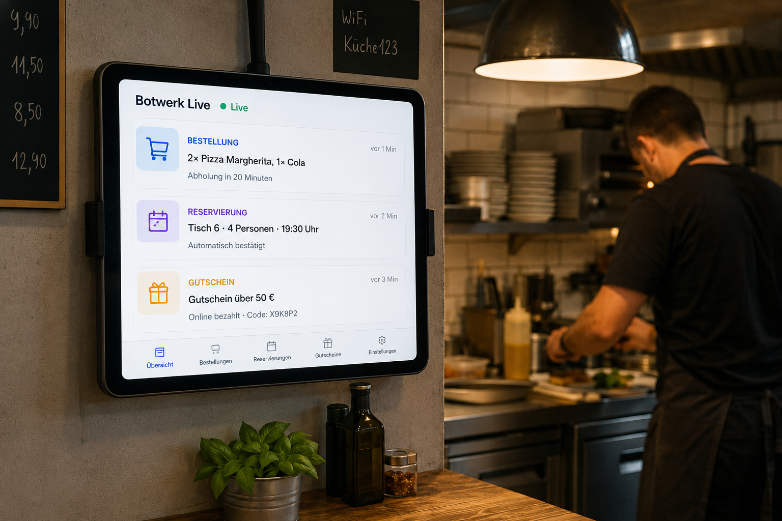 Tablet mit Botwerk Live-Ansicht an der Küchenwand, Koch arbeitet im Hintergrund